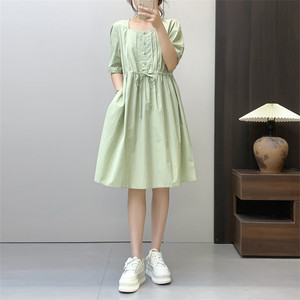 
Huiyige summer cotton short-sleeved dress high-waisted dress Korean sweet high-waist drawstring mid-length skirt lady skirt