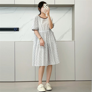 
Huiyi Pavilion summer women's cotton short-sleeved dress floral dress sweet high-waist drawstring floral skirt midi skirt