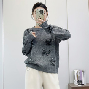 
Huiyige autumn and winter women's long-sleeved round neck sweater pullover Korean style casual commuting sequined knitted top