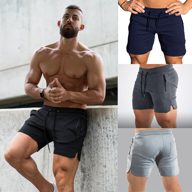 Solid color sports shorts stretch slim fit muscle men cotton slit squat ...