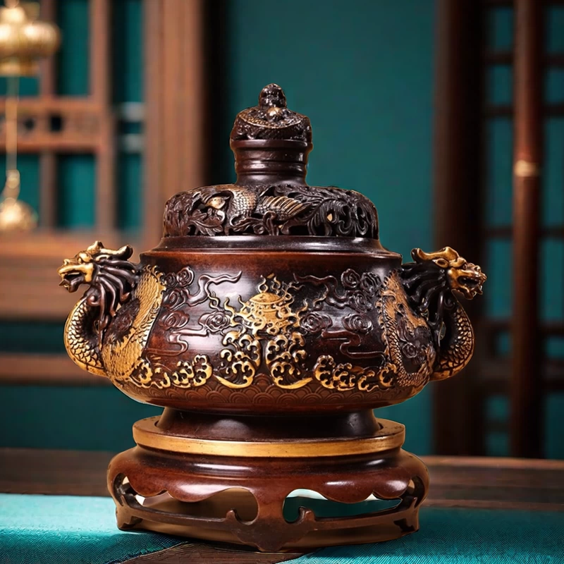 中国古美術・旧藏銅鎏金鎏金双龍台座付き香炉・線香炉・純紫銅・純手作り・文房置物 中国古美術・旧藏銅鎏金鎏金双龍台座付き香炉・線香炉・純紫銅