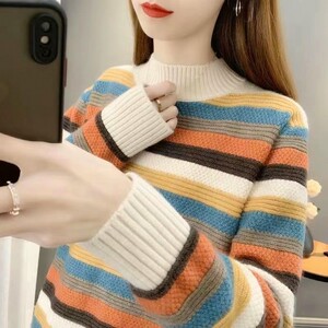 
Half turtleneck striped sweater for women 2026 autumn and winter new Korean style loose knitted bottoming shirt outer thickened top