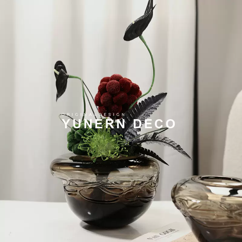 家居高级感软装饰品花器插花样板间北欧轻奢创意手工玻璃花瓶摆件-Taobao