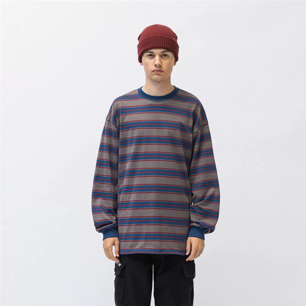 代购WTAPS BDY 02/LS/COTTON.TEXTILE.BRACKETS 条纹长袖T恤23AW-Taobao