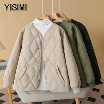 
Solid color rhombus plaid cotton jacket for middle-aged and elderly fat mothers