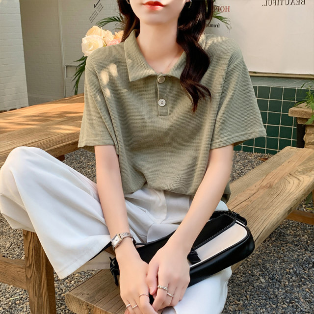 Waffle front shoulder polo shirt short-sleeved T-shirt for women loose chic Hong Kong style design niche student half-sleeved top