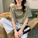 Waffle front shoulder polo shirt short-sleeved T-shirt for women loose chic Hong Kong style design niche student half-sleeved top