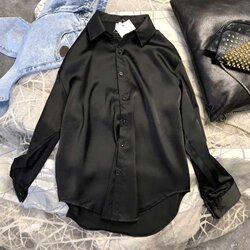 Acetate Satin Shirt for Women with Drape, 2026 New Spring Black Base Layer for Layering, Silk Satin Shirt