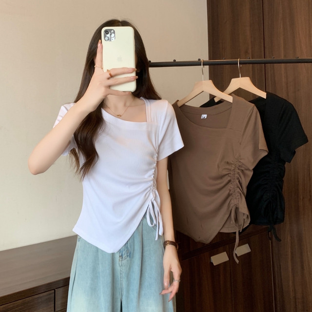 TAVIMART  -  Shirt White Fungus Edge Drawstring Women Short Sleeve Slimming Waist Shirts Feminina Ladies Cropped Tops Korean Fashion Chic New