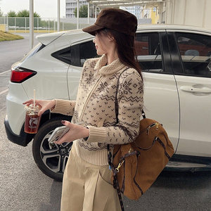
2026 winter old money style retro Fair Isle sweater jacket khaki thickened knitted sweater cardigan zipper