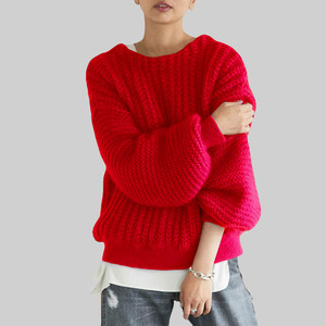 
2026 Spring New Women's Purple Mohair Lantern Sleeve Sweater Women's Loose Pullover Long Sleeve Round Neck Sweater