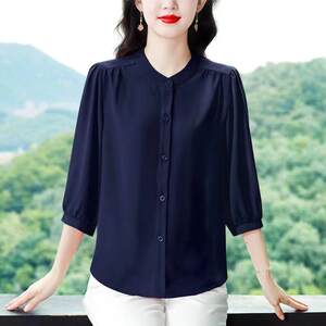 
New summer stand collar style thin slim top solid color Korean version large size mother dress women's shirt covering belly