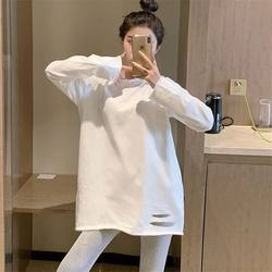 White Inner Layer Base Shirt for Women, 2025 New Autumn and Winter Style, Ripped and Fleece-Lined Long-Sleeve T-Shirt, Women's Top That Can Be Worn Outside