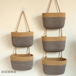 Cotton Rope Hanging Storage Basket, Three-Layer Eco-Friendly Wall-Mounted Storage Bin, Solid Color Cosmetic Storage, Entryway Miscellaneous Basket