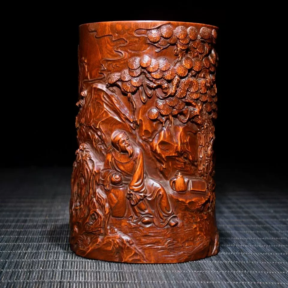 筆筒 如意 古竹造 中国古玩 古竹 筆立 書道具 如意彫 細密