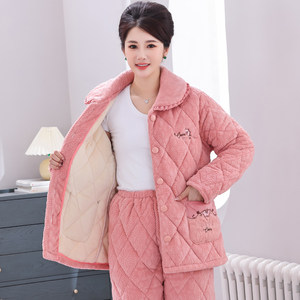 Pajamas Female Autumn and Winter Coral Velvet Three -layer Cotton Thick Warm and Warm Pluser Middle -aged and Elderly Home Furnishing Moms Winter Sunday