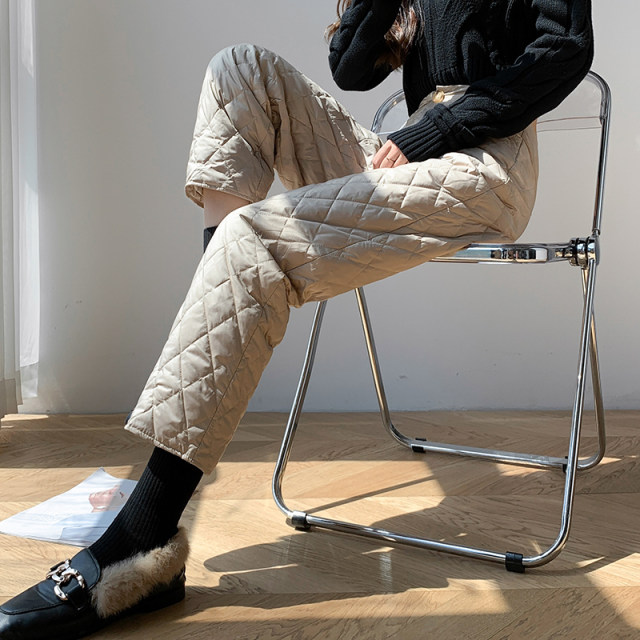 Khaki down pants for women wearing fashionable winter high waist loose slim and thickened nine-point casual wide-leg straight pants
