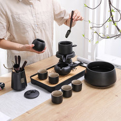 Lazy Tea Set for Home Use, Anti-Scalding Tea Brewing Device, Ceramic Black Pottery Kung Fu Tea Set, Semi-Automatic Tea Brewing Gadget