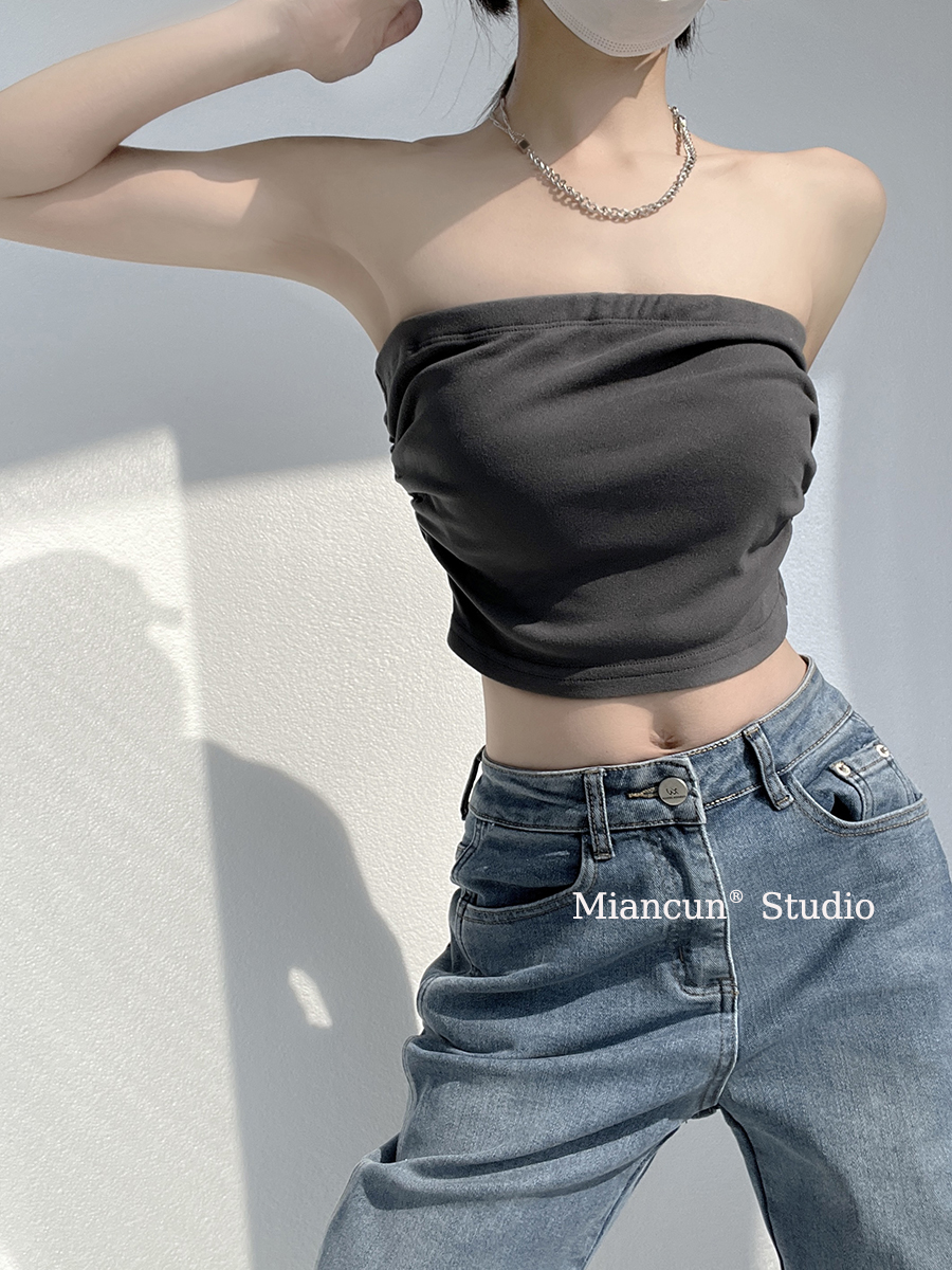 Miancun hot girl sexy tight slimming short navel-baring vest pleated  elastic double layer tube top bottoming top for women