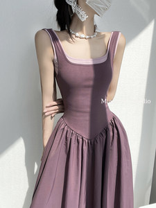 
Girl trap purple mid-length suspender dress for women on the beach vacation style sexy backless fake two-piece A-line long skirt