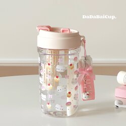 Plastic Double Drinking Cup for Girls, High Aesthetic Value, Summer Tea Infuser Straw, Large Capacity, Student Tea and Water Separation Cup, Kt Cat