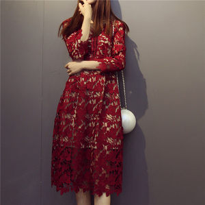 2675# celebrity women's water-soluble high-end mid-length sleeve lace dress for banquet high waist sexy dress long temperament
