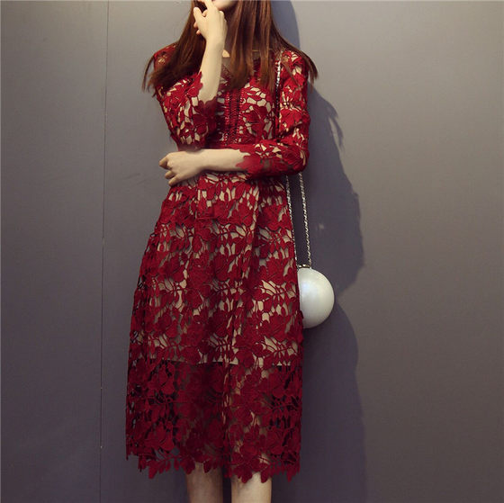 2675# celebrity women's water-soluble high-end mid-length sleeve lace dress for banquet high waist sexy dress long temperament
