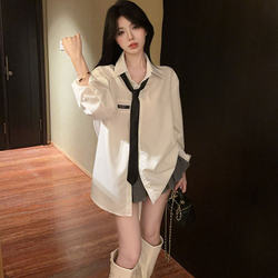 Spring Turn-Down Collar Mid-Length White Shirt Women's Top Long-Sleeved Casual Loose Jk Tie Pure Desire Style Shirt