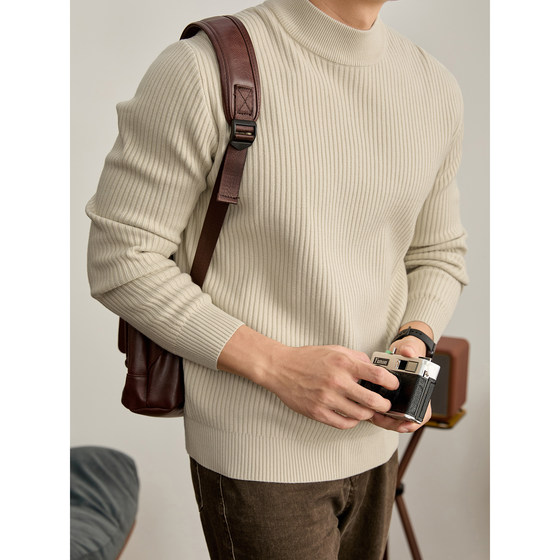 
LUUD Elegant apricot men's half turtleneck sweater sweater winter warm pit texture inner layering shirt