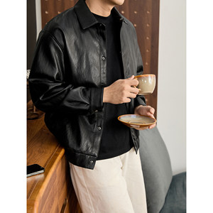 
LUUD men's autumn and winter shirt-style PU leather jacket American retro bright dark pattern lapel single-breasted leather jacket