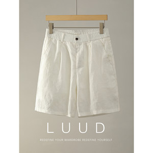 
LUUD Old Qian style draped straight double pleated 100% pure linen shorts Japanese simple half-elastic waist five-point pants