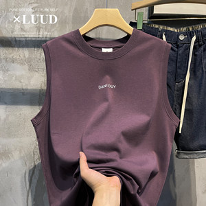 LUUD Trendy Purple Purple 100 Pure Cotton Sleeveless Vest Men's Sports Versatile T-shirt Versatile Top
