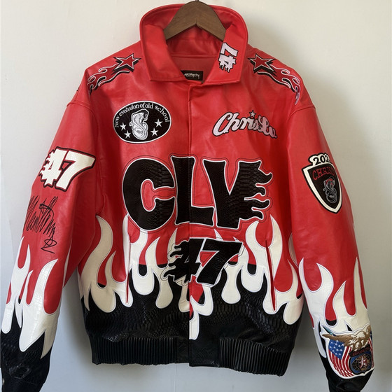 
American motorcycle style flame embroidery color-blocked leather jackets and cotton jackets for men and women, lapel jackets, trendy brand tops for couples