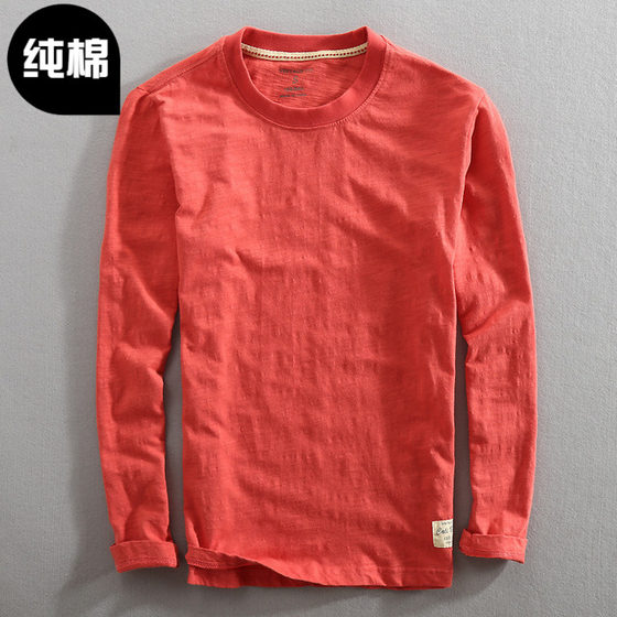 Men's minimalist Japanese round neck bamboo cotton cotton red long -sleeved slim t -shirt pure cotton water washing youth full cotton bottom shirt