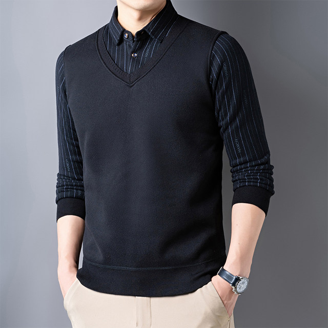 Fake two-piece sweater with shirt inside, men's winter velvet thickened ...