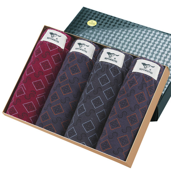 Seven wolf pure cotton briefs, men's underwear whole cotton thin mid -waist trousers head printing plaid sexy pants