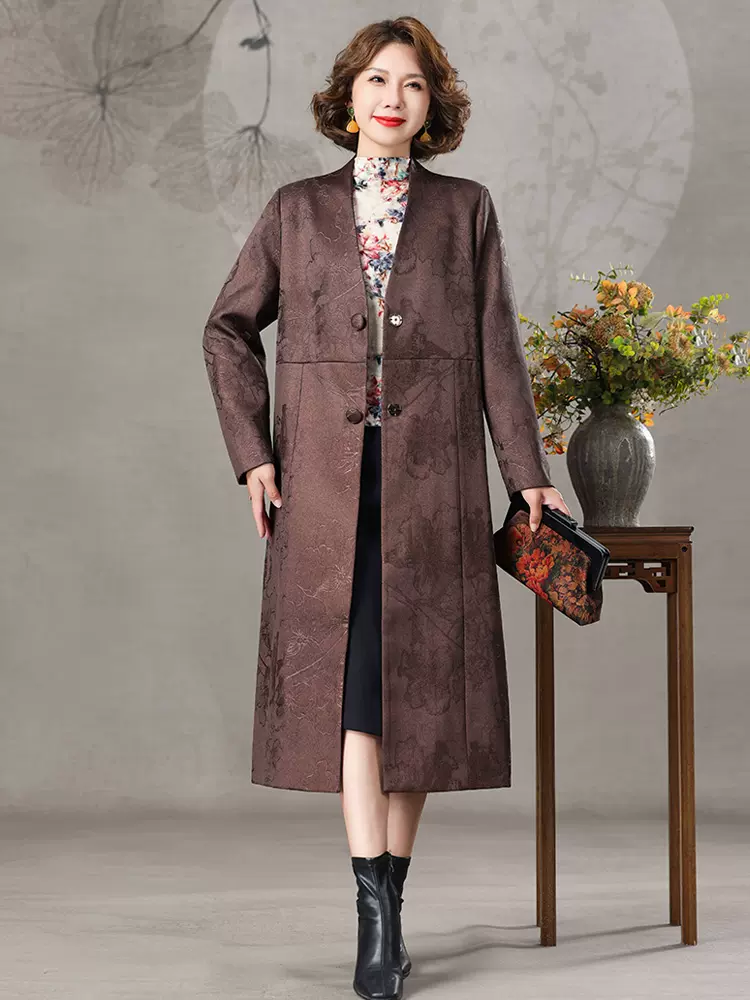 冬季妈妈香云纱上档次紫色风衣长款过膝外套女高级感加厚真丝大衣