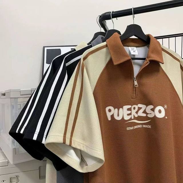 
Extra large size 300Jin [Jin equals 0.5kg] Student waffle half-zip design lapel short-sleeved t-shirt for men and women versatile Polo shirt summer