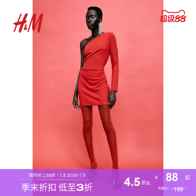 HM women's red dress summer fashion casual slanted neck temperament one-shoulder slim dress 1206463
