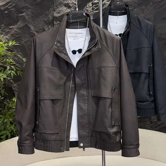 
Retro motorcycle style stand-collar leather jacket for men, loose velvet and thickened winter windproof leather jacket, handsome and high-end