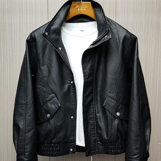 
Autumn and winter velvet thickened leather jacket for men, high-end European style men's stand-up collar jacket, loose motorcycle leather jacket for men