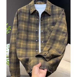 
Autumn and winter American retro denim jacket men's casual shirt loose and handsome plaid men's jacket handsome fashion brand