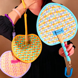 2026 New Summer Dopamine Handmade Woven Straw Fan Cute Portable Hand-Held Fan Prop for Children