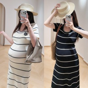 
HAIDE mommy maternity wear, summer camellia temperament, simple slimming style, square neck short-sleeved ice silk knitted skirt