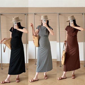 
HAIDE mommy maternity wear high elastic tight hot mom solid color versatile casual slim short-sleeved mid-length skirt dress