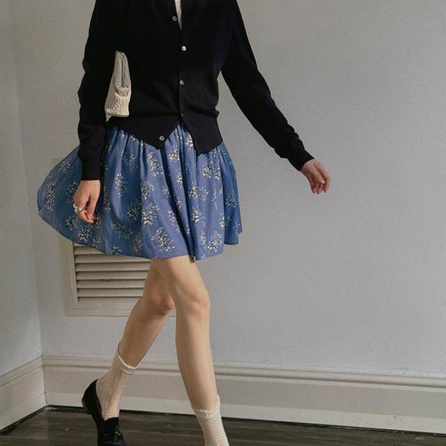 TOP Home Botanical French Retro Romantic Pure Cotton Digital Flower Print Pleated Half-length Puffy Skirt for Women