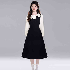 
French Hepburn style fake two-piece black dress Spring 2025 new rich family girl style waist-hugging A-line skirt 2137
