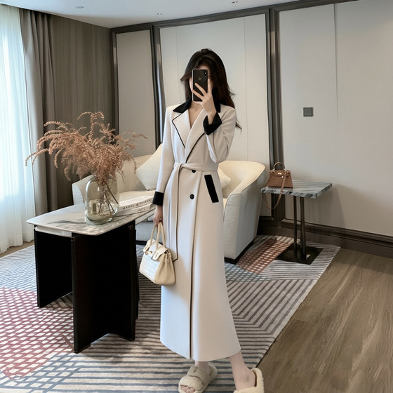 
2025 Autumn New Style Lined Belt Over-the-Knee Long Top Jacket Suit Collar Long Windbreaker QY0091