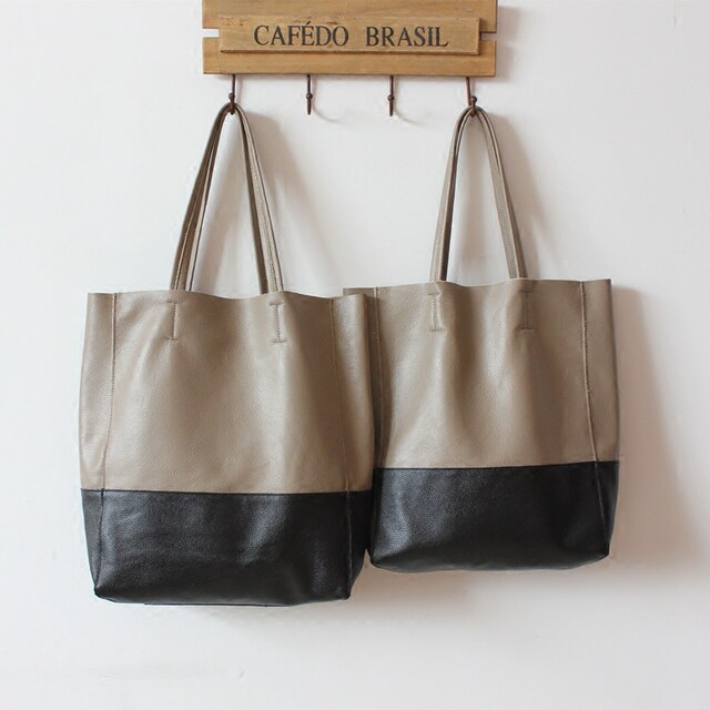 Li Yitong's same style first layer cowhide tote bag shopping bag simple color matching large capacity bag trendy fashion women's bag