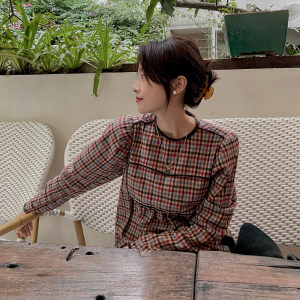 NW80EN <West Autumn and Snow Season> Round neck plaid dress makes you look taller and slim in autumn and winter plaid style long skirt